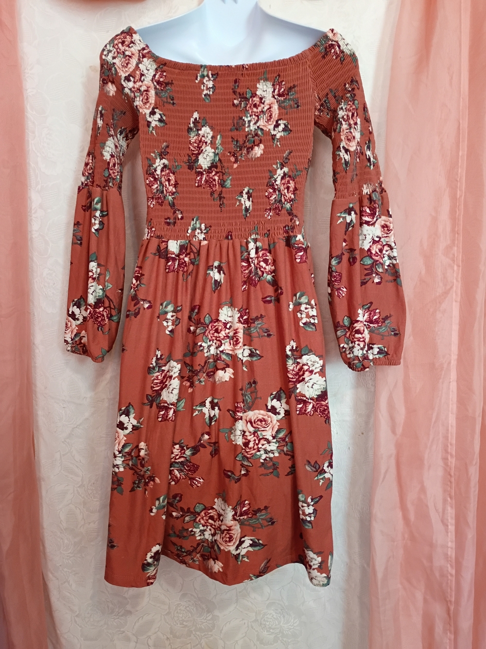 🛍️ BUNDLE ONLY🛍️Dusty Rose Floral Off-Shoulder Long Sleeve Midi Dress - Picture 7 of 10